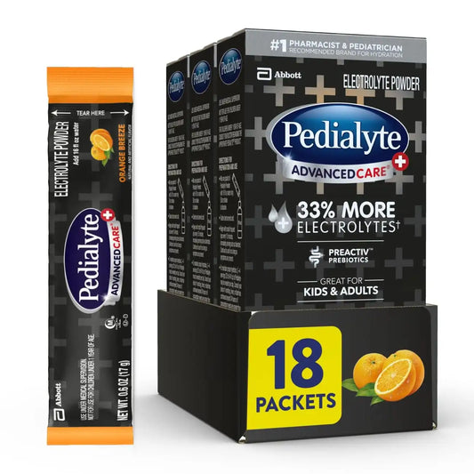 Pedialyte AdvancedCare Plus Electrolyte Powder, Has 33% More Electrolytes and PreActiv Prebiotics, Orange Breeze, 6 Powder Packets (Pack of 3)