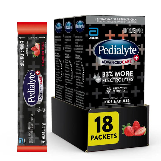 Pedialyte AdvancedCare Plus Electrolyte Powder, Has 33% More Electrolytes and PreActiv Prebiotics, Strawberry Freeze, 6 Powder Packets (Pack of 3)