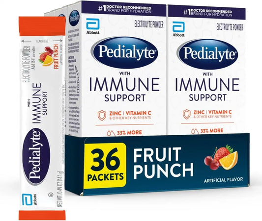 Pedialyte with Immune Support, Electrolyte Drink Powder with Vitamin C and Zinc, Advanced Hydration, Fruit Punch, 36 Powder Packets
