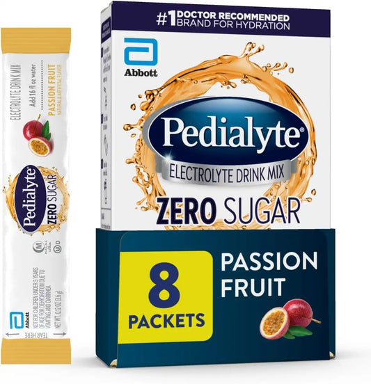 Pedialyte Electrolyte Drink Mix With Zero Sugar | Hydration With Key Electrolytes | Low in Calories | Passion Fruit, 8 Powder Packets
