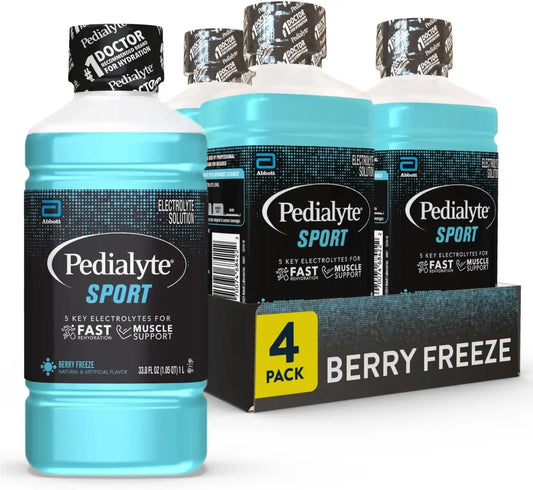 Pedialyte Sport Electrolyte Drink, Fast Hydration with 5 Key Electrolytes for Muscle Support Before, During, & After Exercise, Berry Freeze, 33.8 Fl Oz (Pack of 4)