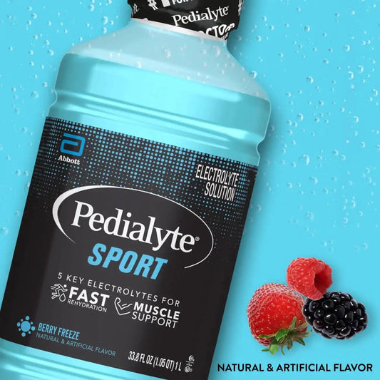 Pedialyte Sport Electrolyte Drink, Fast Hydration with 5 Key Electrolytes for Muscle Support Before, During, & After Exercise, Berry Freeze, 33.8 Fl Oz (Pack of 4)