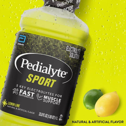 Pedialyte Sport Electrolyte Drink,Fast Hydration with 5 Key Electrolytes for Muscle Support Before,During,& After Exercise,Lemon Lime,1 Liter,(Pack of 8)
