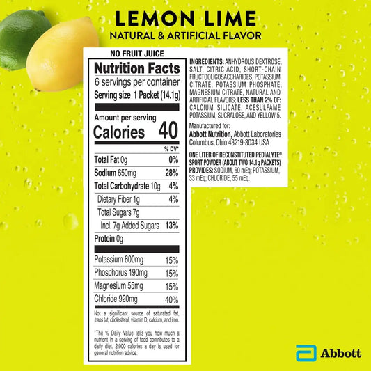 Pedialyte Sport Electrolyte Powder, Fast Hydration with 5 Key Electrolytes for Muscle Support Before, During, & After Exercise, Lemon Lime, 0.49-oz Packets (36 Count)