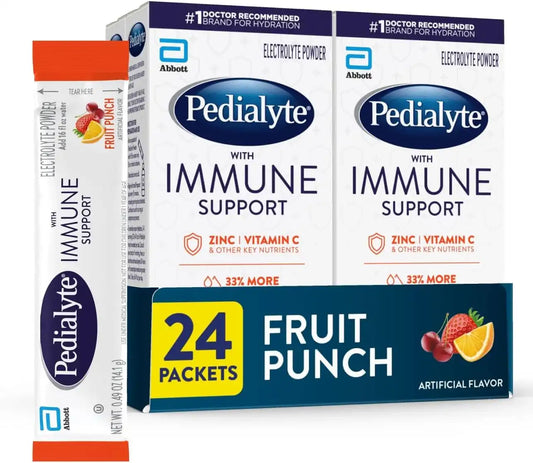Pedialyte with Immune Support, Electrolyte Drink Powder with Vitamin C and Zinc, Advanced Hydration, Fruit Punch, 24 Powder Packets