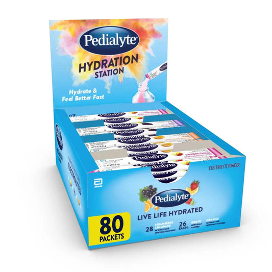 Pedialyte Electrolyte Powder Packets | Hydration Drink for Kids & Adults | Hydration Station Variety Pack: Grape, Strawberry Lemonade, and Orange, 80 Powder Packets