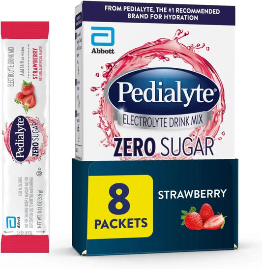 Pedialyte Electrolyte Drink Mix With Zero Sugar | Hydration With Key Electrolytes | Low in Calories | Strawberry, 8 Powder Packets