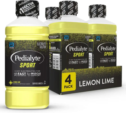 Pedialyte Sport Electrolyte Drink, Fast Hydration with 5 Key Electrolytes for Muscle Support Before, During, & After Exercise, Lemon Lime, 1 Liter, Pack of 4