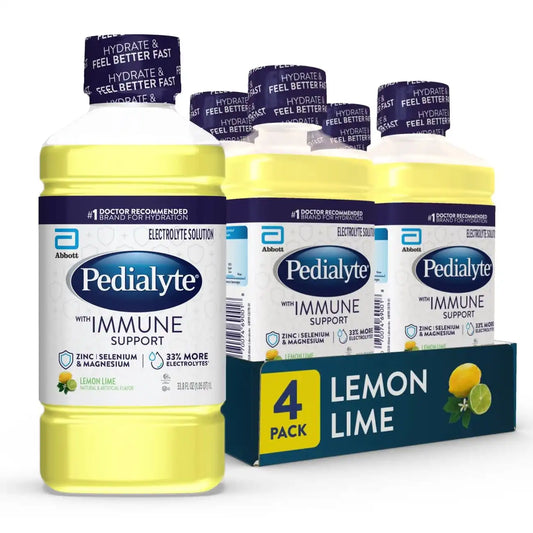 Pedialyte with Immune Support Electrolyte Solution, Hydration Drink with Zinc, Selenium, and Magnesium, Lemon Lime, 1 Liter, Pack of 4