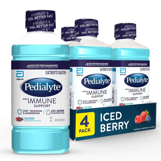 Pedialyte with Immune Support Electrolyte Solution, Hydration Drink with Zinc, Selenium, and Magnesium, Iced Berry, 1 Liter, Pack of 4