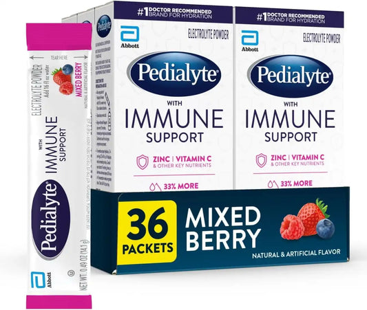 Pedialyte with Immune Support, Electrolyte Drink Powder with Vitamin C and Zinc, Advanced Hydration, Mixed Berry, 36 Powder Packets