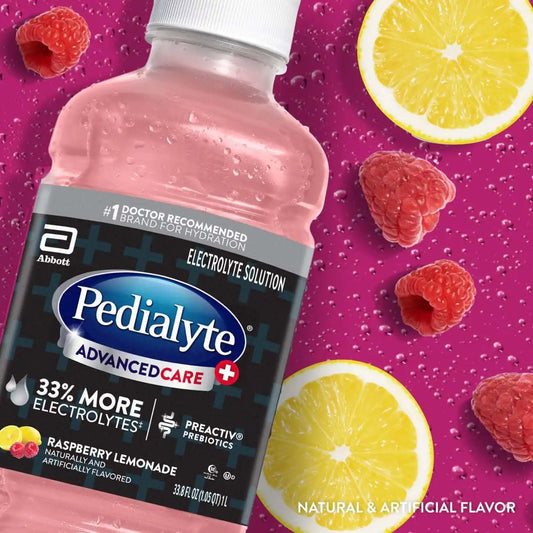 Pedialyte AdvancedCare Plus Electrolyte Hydration Drink | Has 33% More Electrolytes and Has PreActiv Prebiotics | Raspberry Lemonade | 1 Liter, Pack of 4