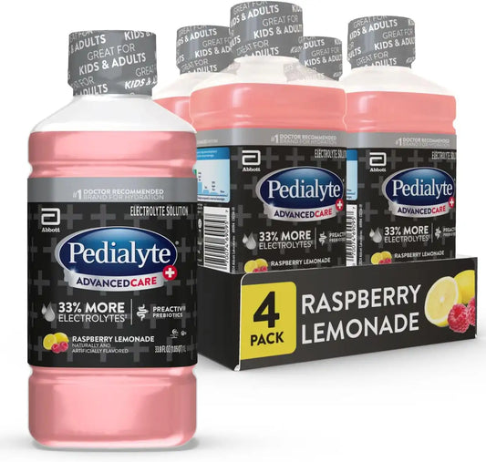 Pedialyte AdvancedCare Plus Electrolyte Hydration Drink | Has 33% More Electrolytes and Has PreActiv Prebiotics | Raspberry Lemonade | 1 Liter, Pack of 4