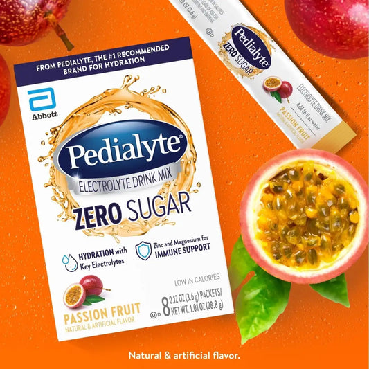 Pedialyte Electrolyte Drink Mix With Zero Sugar | Hydration With Key Electrolytes | Low in Calories | Passion Fruit, 8 Powder Packets