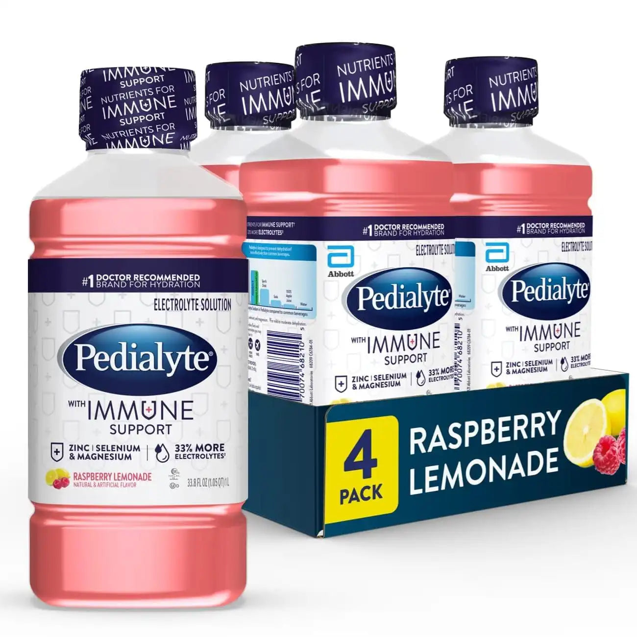 Pedialyte with Immune Support Electrolyte Solution, Hydration Drink with Zinc, Selenium, and Magnesium, Raspberry Lemonade, 1 Liter, Pack of 4