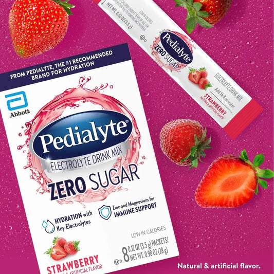 Pedialyte Electrolyte Drink Mix With Zero Sugar | Hydration With Key Electrolytes | Low in Calories | Strawberry, 8 Powder Packets